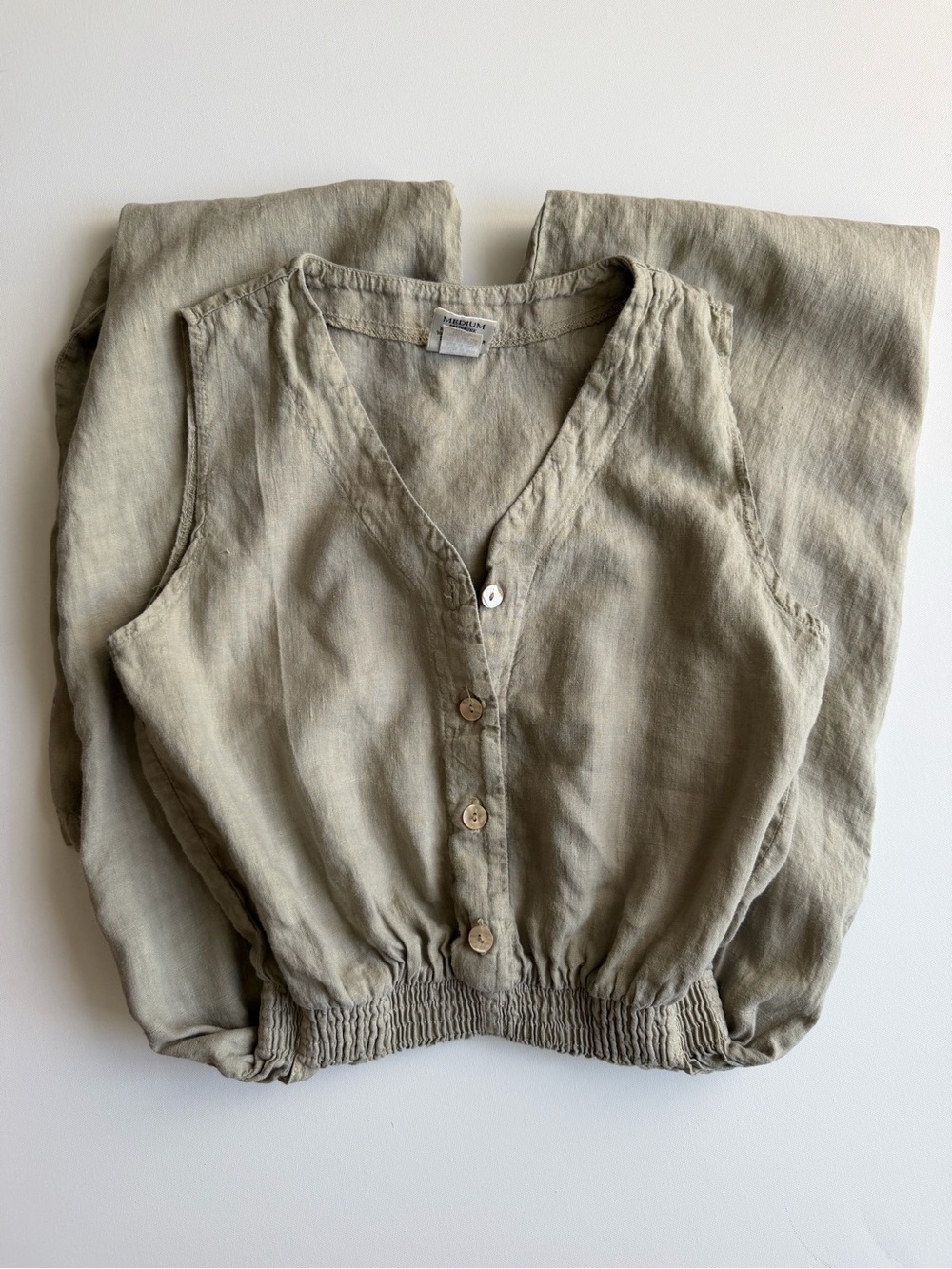 Vintage AG Sport 100% Linen Jumpsuit Made in USA Medium Taupe Wide Leg Pockets